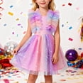 thumbnail image 2 of VNKIDY Girls Carnival Dress Kids Pastel Rainbow Gradient Tutu Dress Ruffled Shoulder Glitter Prints Multi Layer Tulle Flared Dress For Party Holiday Wear Soft Dress, 2 of 4