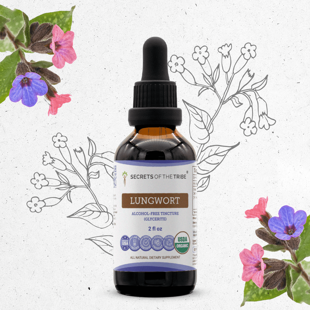 Secrets Of The Tribe Lungwort Organic Dietary Supplement, Natural Herbal Tincture for Respiratory Support, Certified Organic Lungwort (Pulmonaria officinalis) Dried Leaf, Alcohol-Free Extract, 2 oz