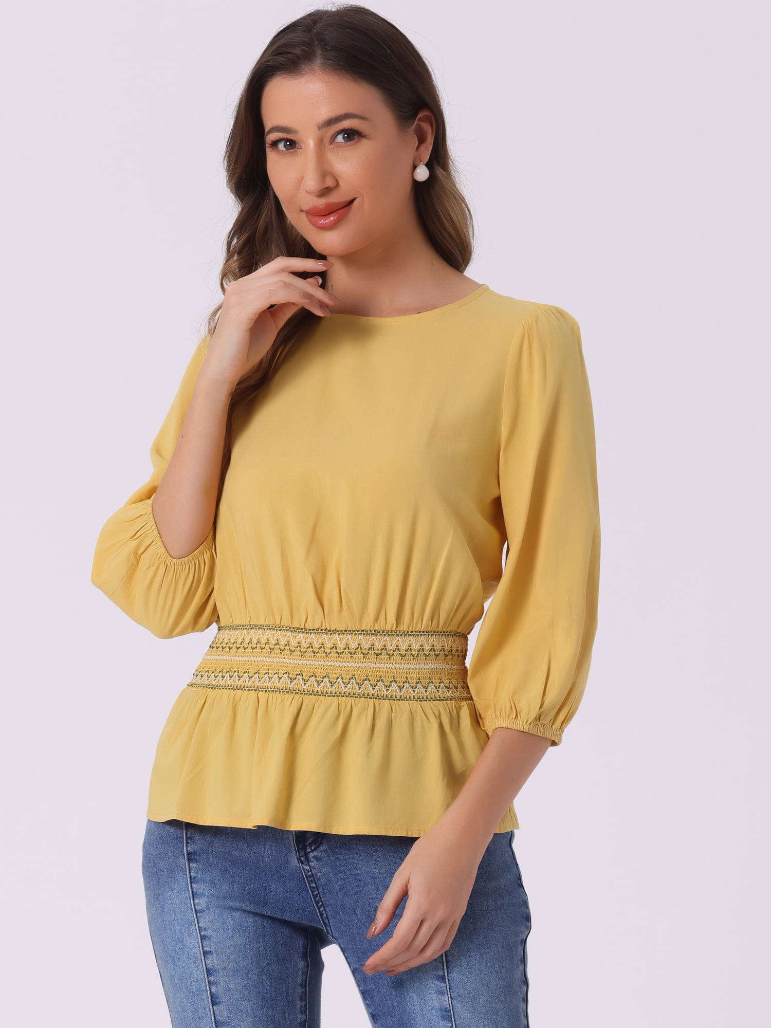DARING DIVA Peplum Top Puff Smocked Waist Blouse M Yellow