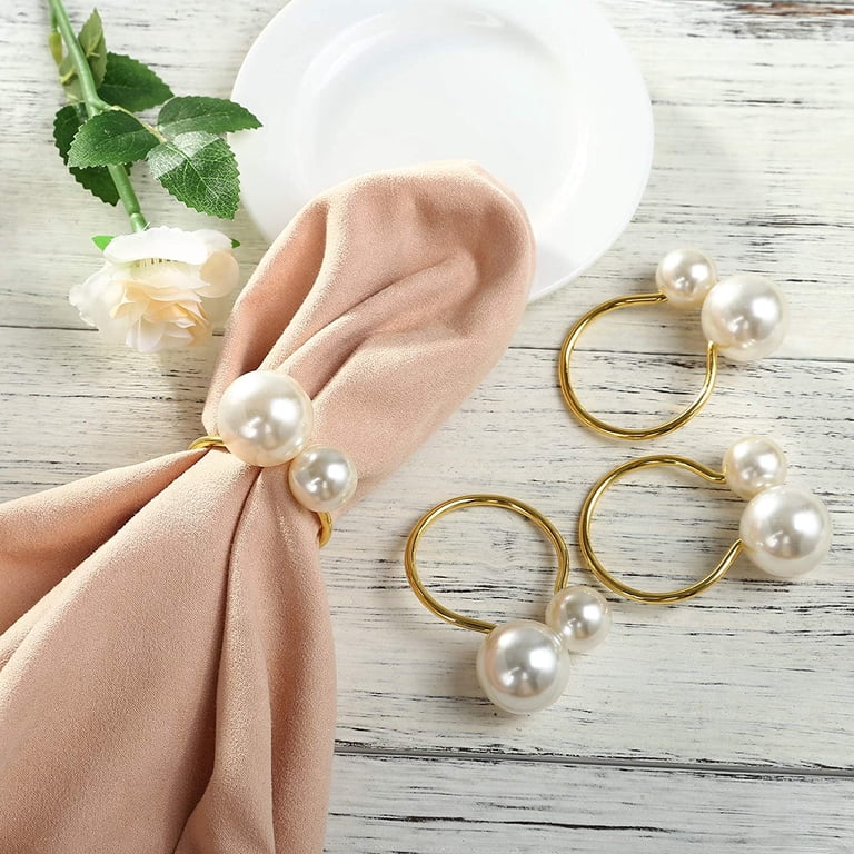 Pearl Napkin Rings Set Of 12 – Gold & Rose Flower Design, Alloy Metal Napkin Holders For Wedding, Holiday & Party Table Decor
