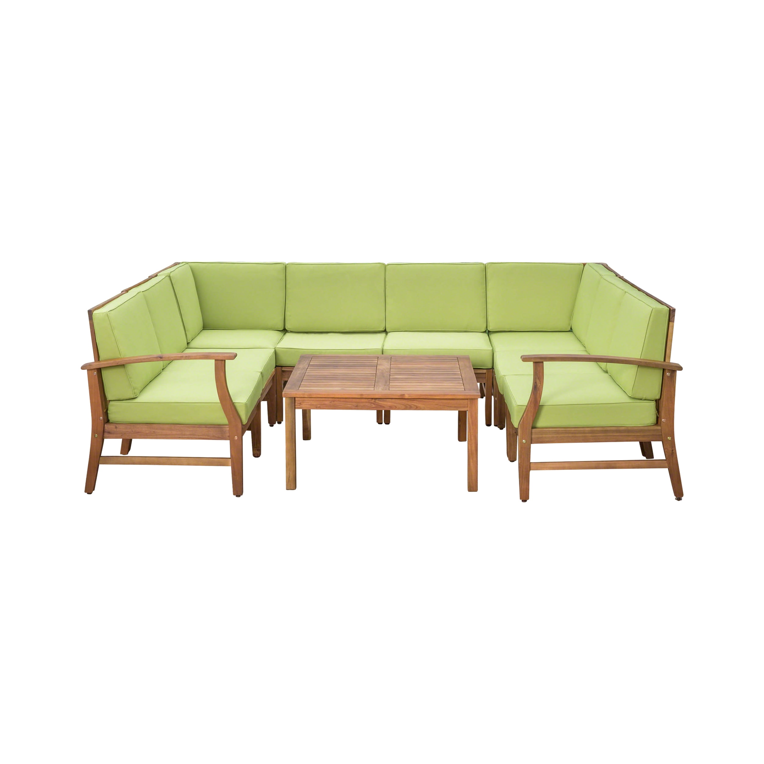 Bodhi Outdoor 8 Seater Acacia Wood Sectional Sofa and Table Set with Cushions, Teak, Green