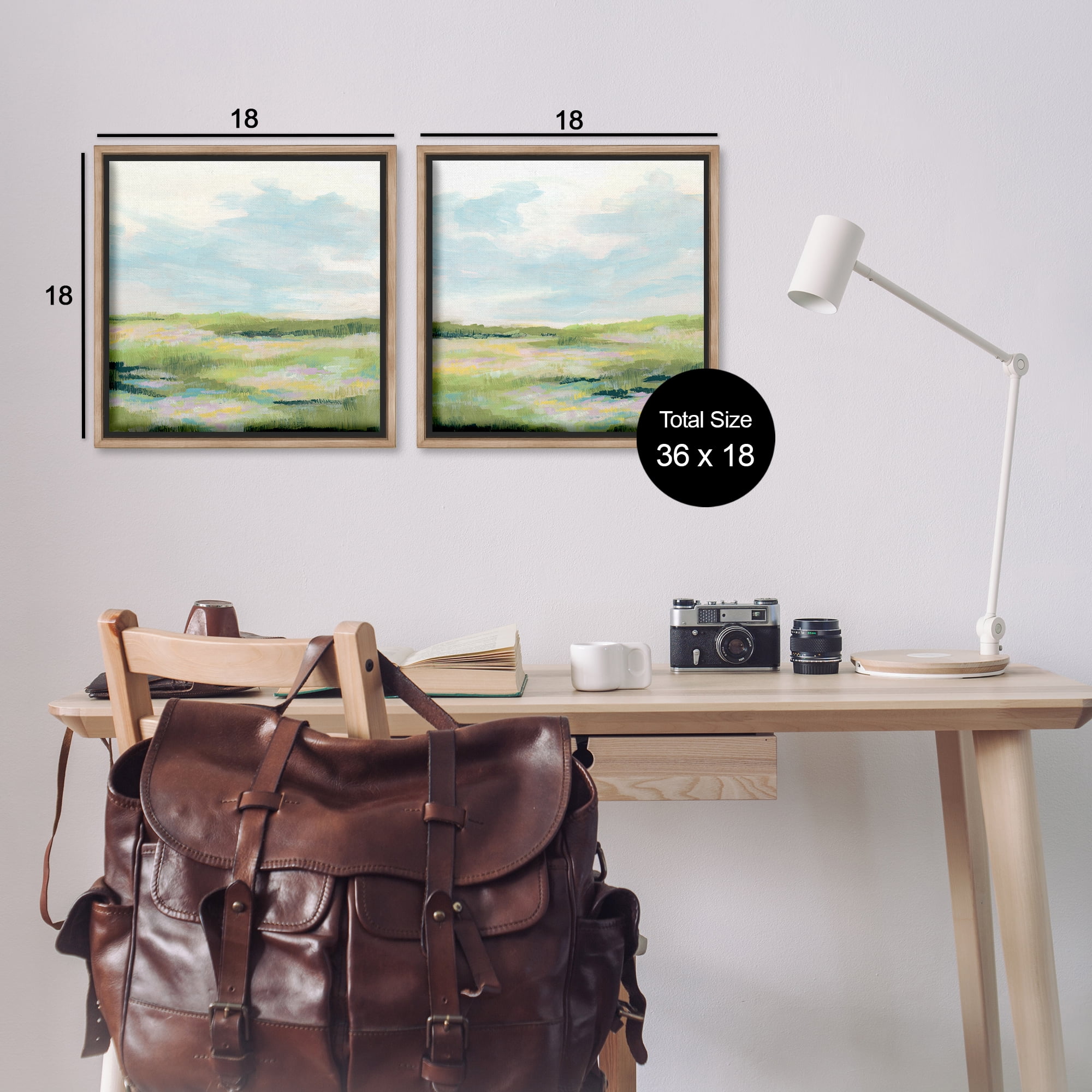 Stupell Industries Pastel Meadow under Blue Sky Landscape & Nature Painting Brown Floater Framed Canvas Art Print Wall Art, 18 x 18, Set of 2