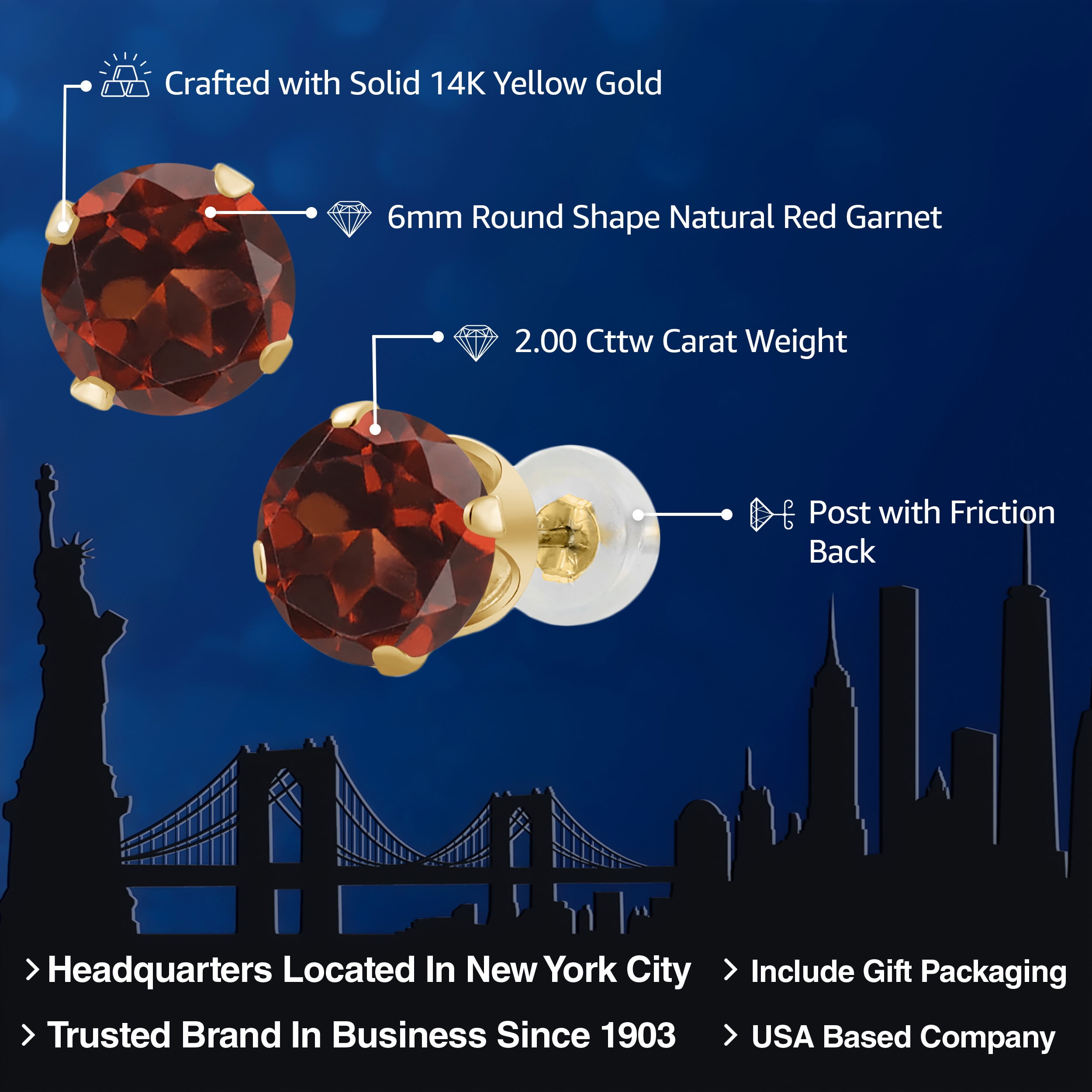 Gem Stone King 2.00 Ct Round Red Garnet 14K Yellow Gold 4-prong Stud Earrings for Women Men 6mm