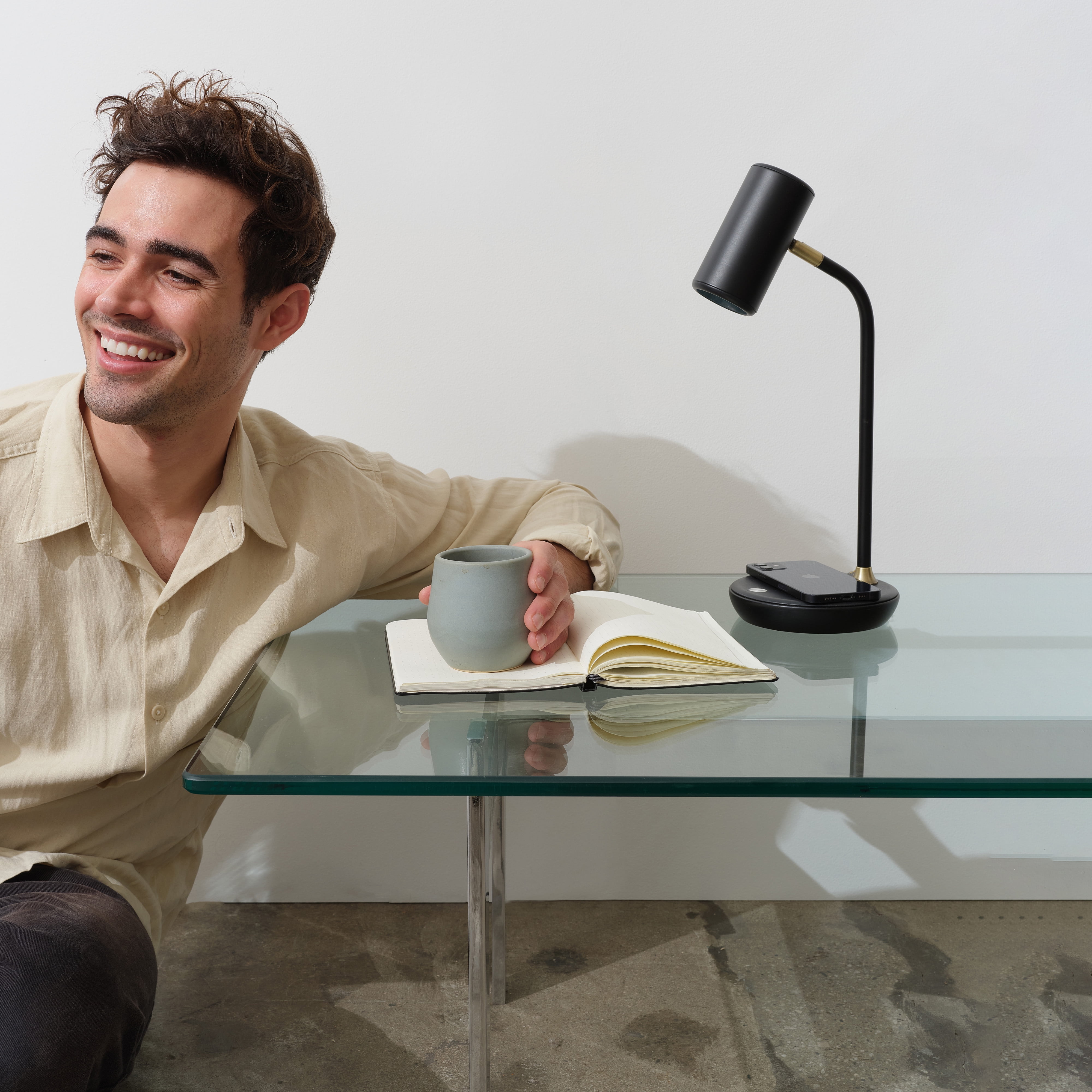 Brightech Ezra 16.5" Classic Black Dimmable LED Industrial Desk Lamp with Wireless Charging Pad and Adjustable Lamp Head