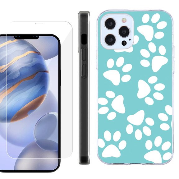 Slim Fit Protective Phone Case for Apple iPhone 12 / iPhone 12 Pro, with Tempered Glass Screen Protector, by OneToughShield ® - Pet Paw / Teal