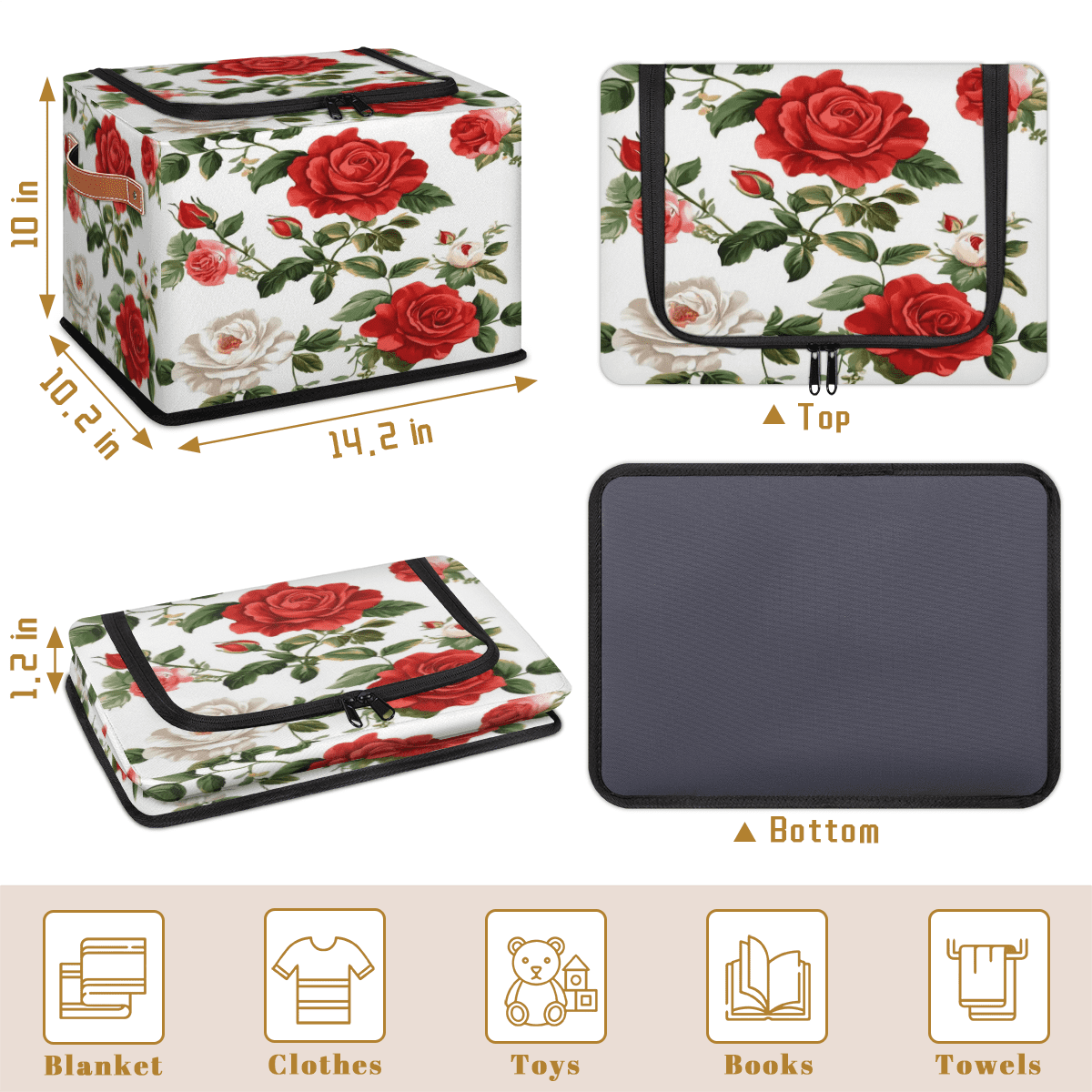 ADECORIVY Flowers Fabric Storage Bin with Lid, Decorative Closet Shelf Organizers, White Red Roses Foldable Basket Box Clothes Storage Bin with Handles
