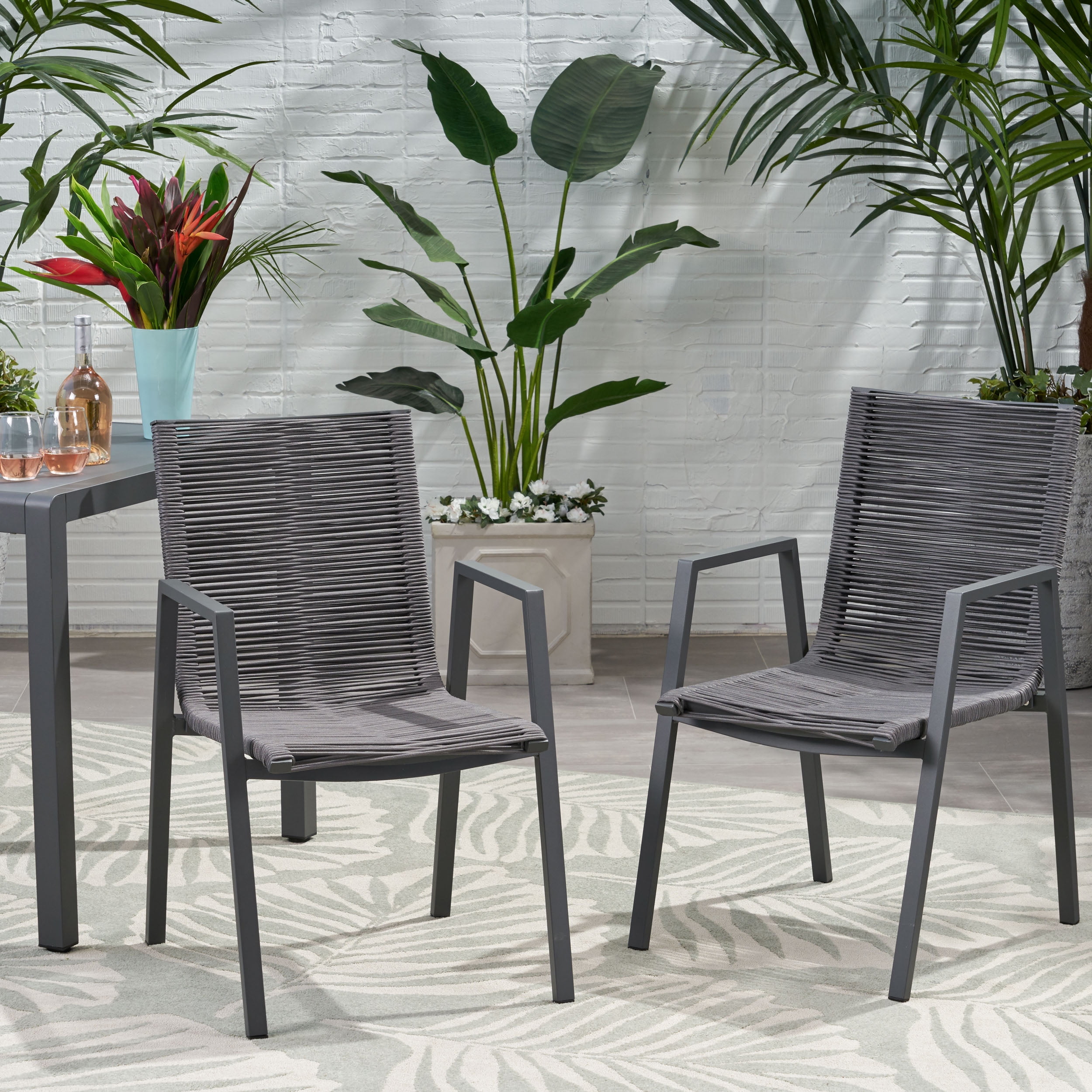 Croix Outdoor Modern Aluminum Dining Chair with Rope Seat, Set of 2, Gray and Dark Gray