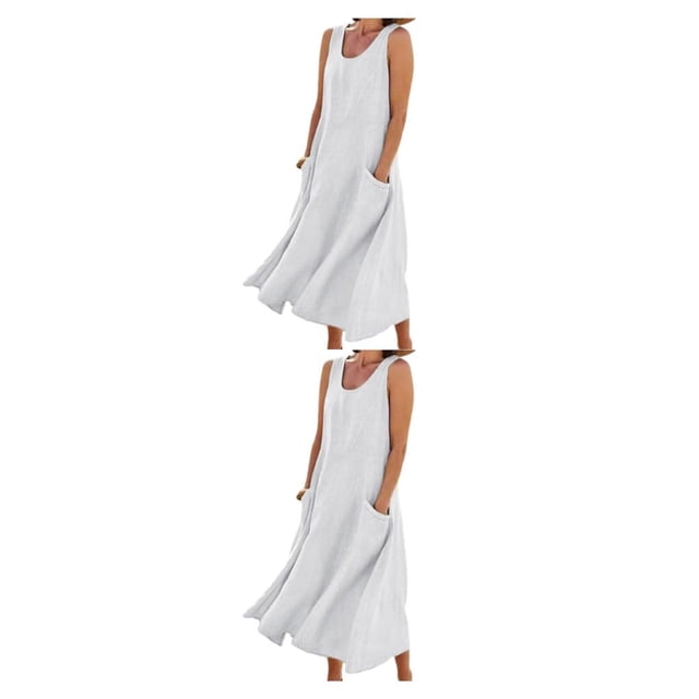 Minnieouse Vestido de verano para mujer, sin mangas, bohemio, sin mangas, chaleco, falda, playa, Color liso, caftán largo suelto para viaje Blanco/L 2piezas