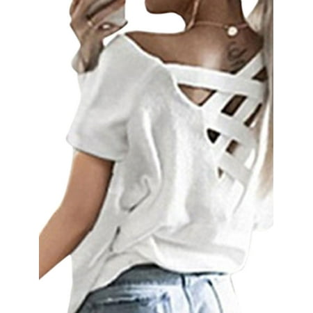 Womens Open Neck Shirt - DBoard Women Short Sleeve Round Neck Criss Cross Open Back Solid T-Shirt Tops Blouse