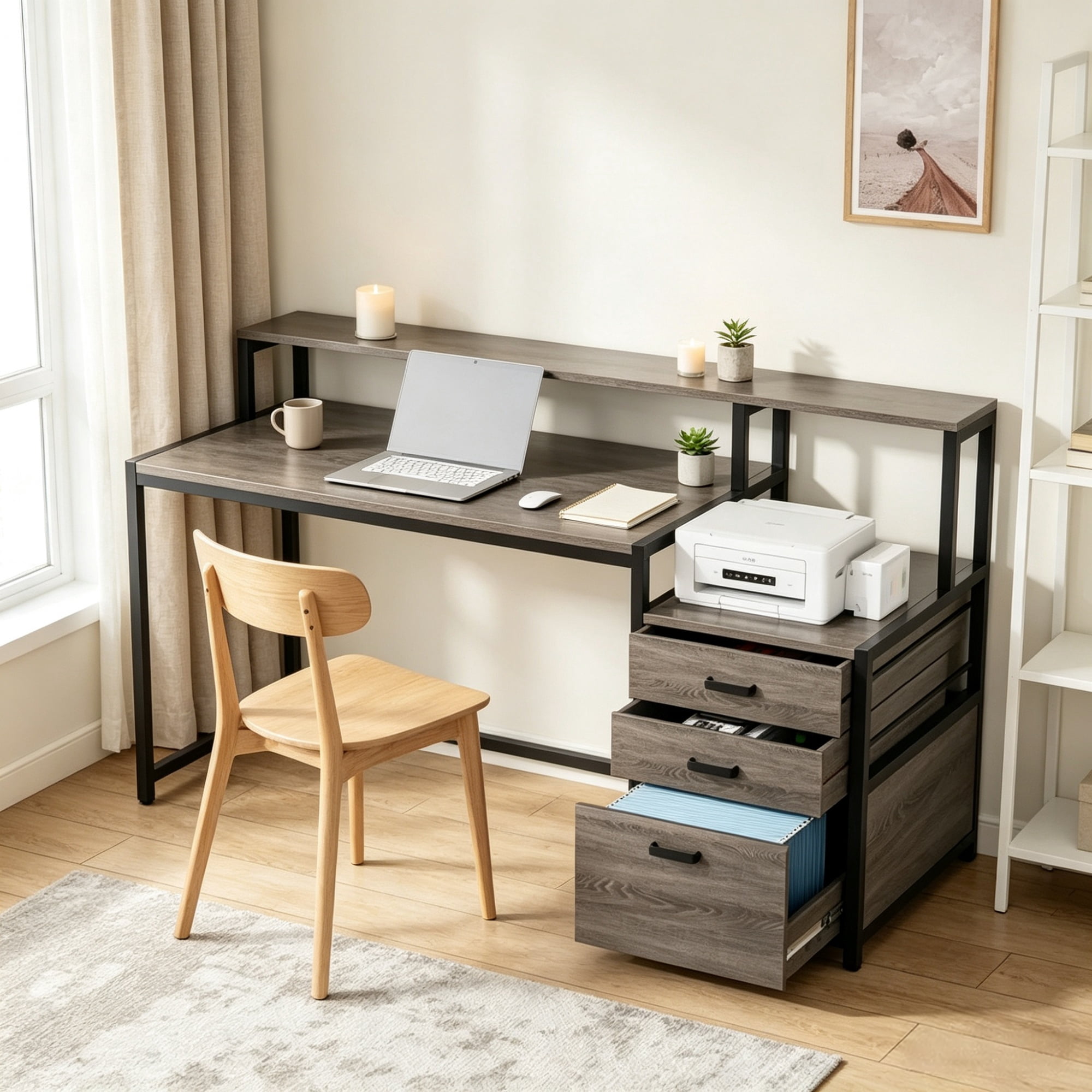 63 Inch Ergonomic Computer Desk with Drawers and Monitor Stand, Office Desk