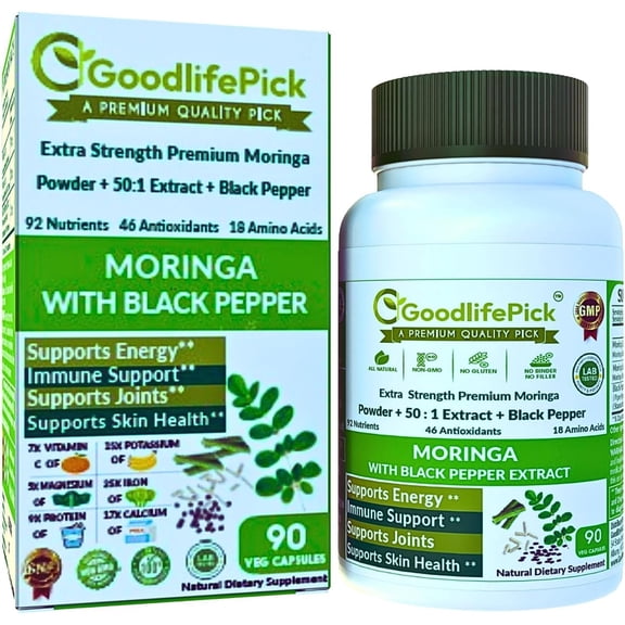 Moringa Capsules 10700 mg with Black Pepper from Handpicked Moringa Oleifera Leaves- 90 ct