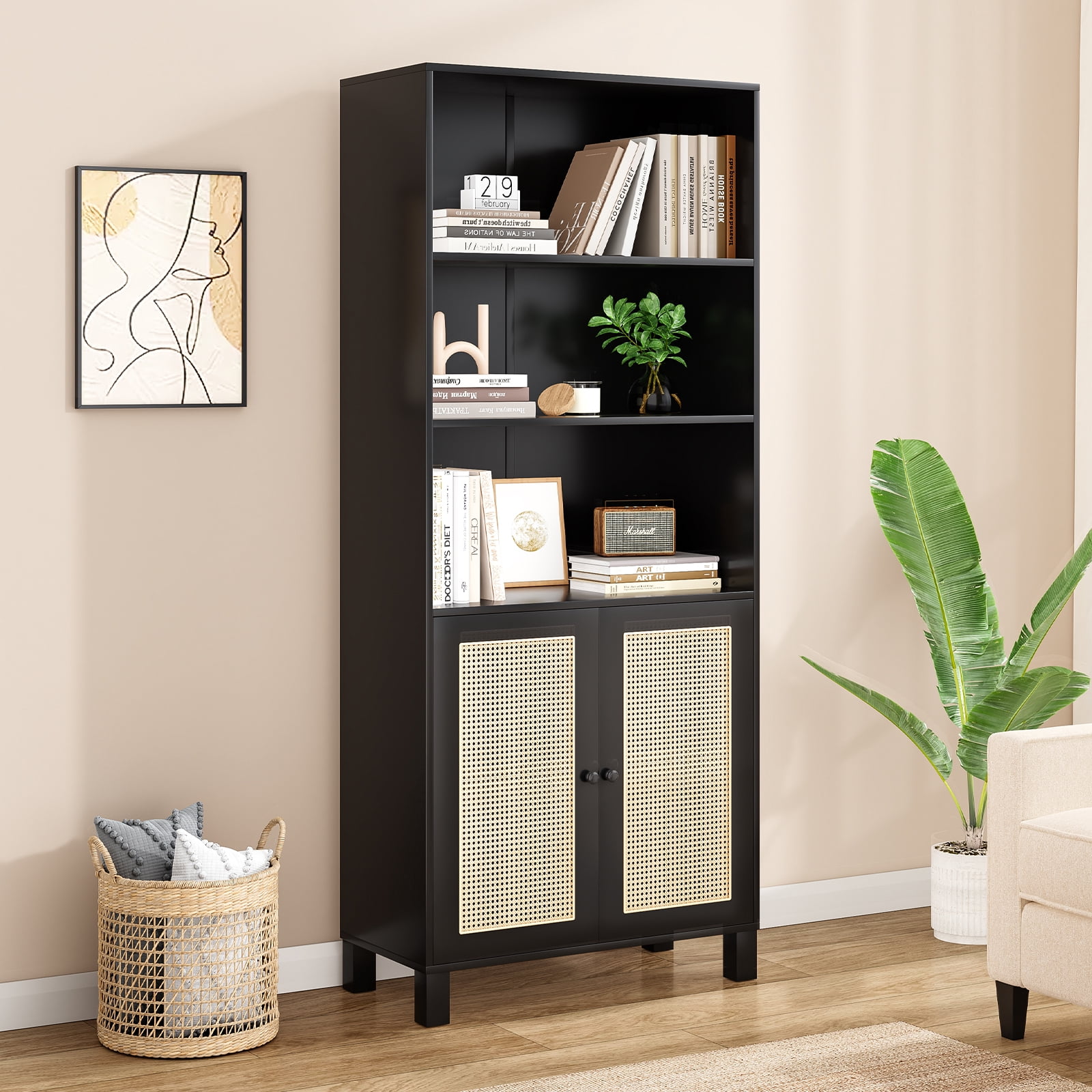 Aukfa Tall Storage Cabinet with Rattan Doors, 5-Tier Wooden Bookcase, Farmhouse Multi-Purpose Cabinet for Living Room,Black