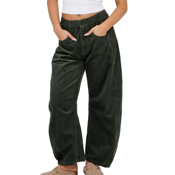 UYISJ Women's Corduroy Pants Mid Rise Elastic Waist Pants Casual Wide Leg Baggy Trousers Loose Fit Solid Pants with Pockets Army Green L