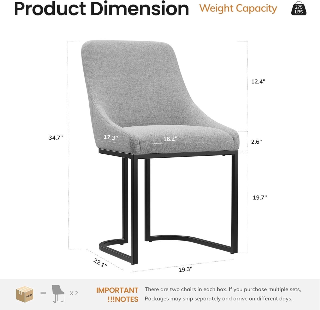 COLAMY Set of 4 Dining Chairs, Modern Upholstered Fabric Kitchen Chairs with U-Shaped Metal Legs, Armless Mid-Back Side Chairs for Home and Hotel, Light Gray