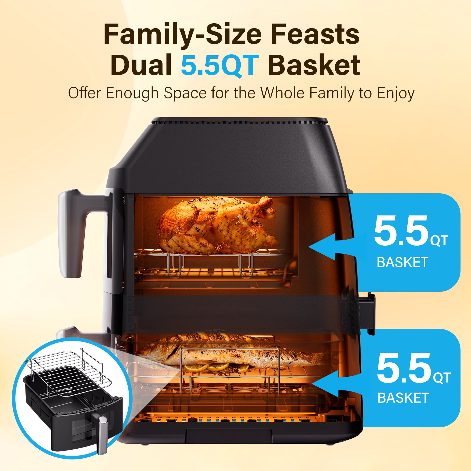 Transonic 11QT Air Fryer Dual Vertical Basket Design (Deep Top & Long Bottom) for Whole Chicken & Ribs, 430°F High-Heat Broil, 360° Rapid Circulation, 6 in 1 Preset Function, Family Meals, BPA Free