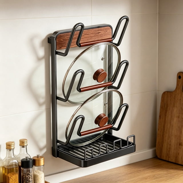 Wall Mounted Kitchen Organizer Rack For Lids Cutting Boards And Utensils With Use Countertop Space Saving Design