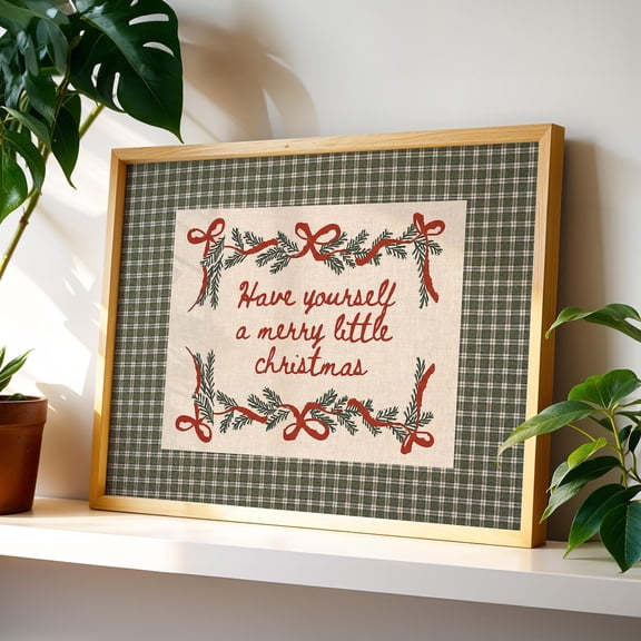 Merry Little Christmas Quote Print, Vintage Gingham Plaid Holiday Wall Art, Country Cottage Cozy Winter Christmas Decor, 16x24 UNFRAMED
