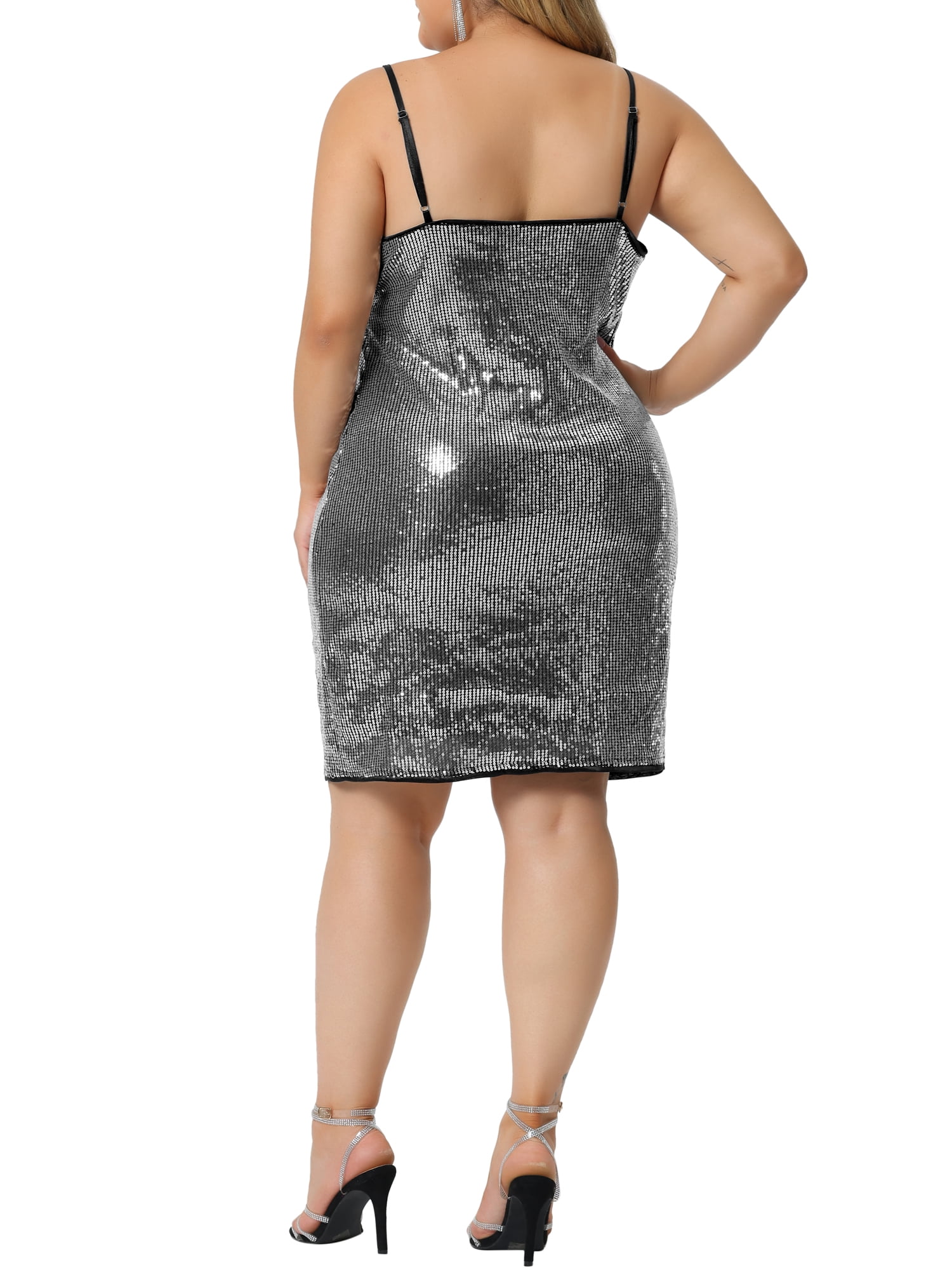 Unique Bargains Women's Plus Size Cami Glitter Sequin Spaghetti Strap Mini Dresses 1X Silver Black
