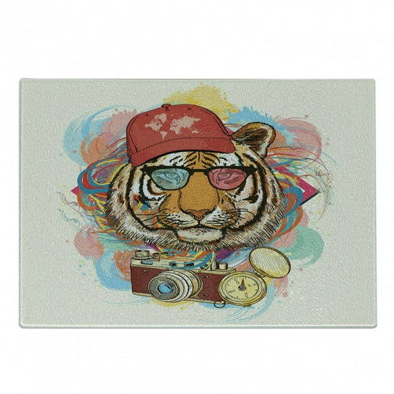 Animal Cutting Board, Hipster Rapper Tiger Sunglasses Hat and Camera Artist Hippie Comic Print, Decorative Tempered Glass Cutting and Serving Board, Small Size, Multicolor, by Ambesonne