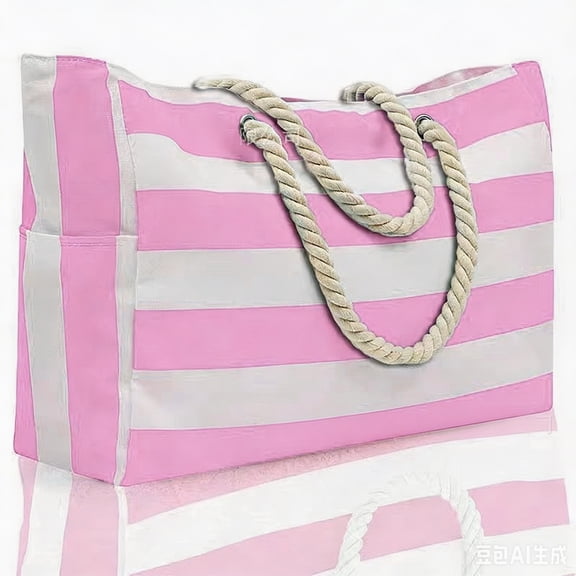 Luckky Oversized Bohemian Striped Canvas Beach Tote Bohemia Bag for Women & Girls,Waterproof Sandproof Swim Pool Bag with Zipper Closure and Wet Pocket,Portable Travel Handbag
