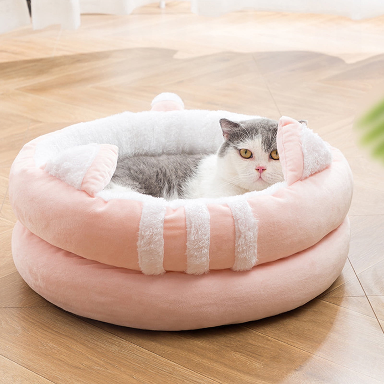 Hgallory Detachable Warm Soft Dog Cat Bed for Fall Winter, Washable Resilient Plush Fluffy Pet Bed Kennel, Modern Home Decor Cushion Sleeping Pad for Small Cats Dogs, Round, 1 Pack, M, Pink