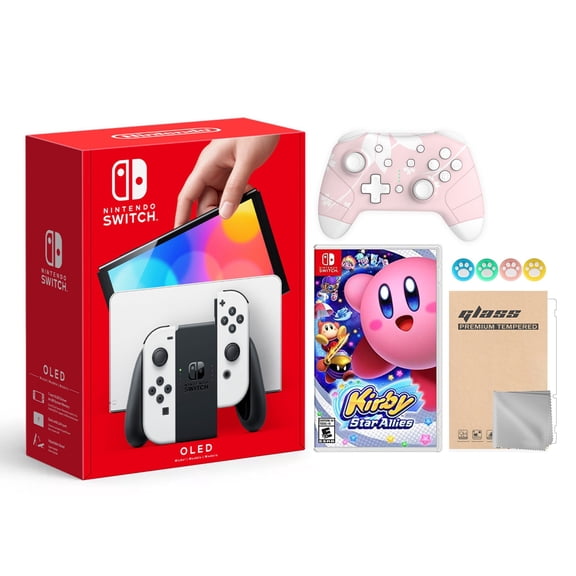 Nintendo Switch OLED Model White Joy Con 64GB Console Improved HD Screen & LAN-Port Dock with Kirby Star Allies And Mytrix Wireless Switch Pro Controller and Accessories