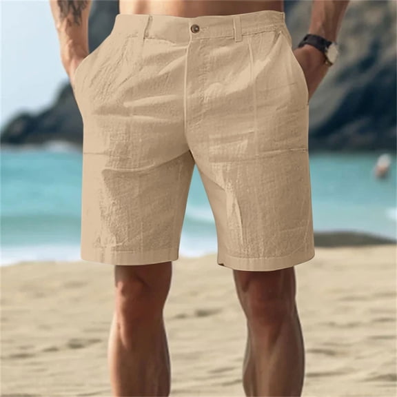 Men's Linen Cotton Casual Shorts, Summer Lightweight Breathable Knee Length Shorts with Pockets, Regular Fit Waist Beach Daily Wear Shorts 06-Khaki L