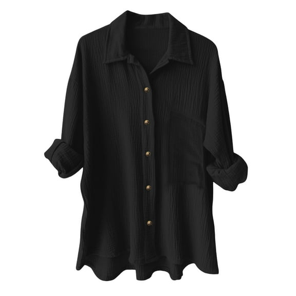 TTUHYWXI Womens Oversized Button Down Blouse Top Collared Long Sleeve Gauze Shirts (Black, S)
