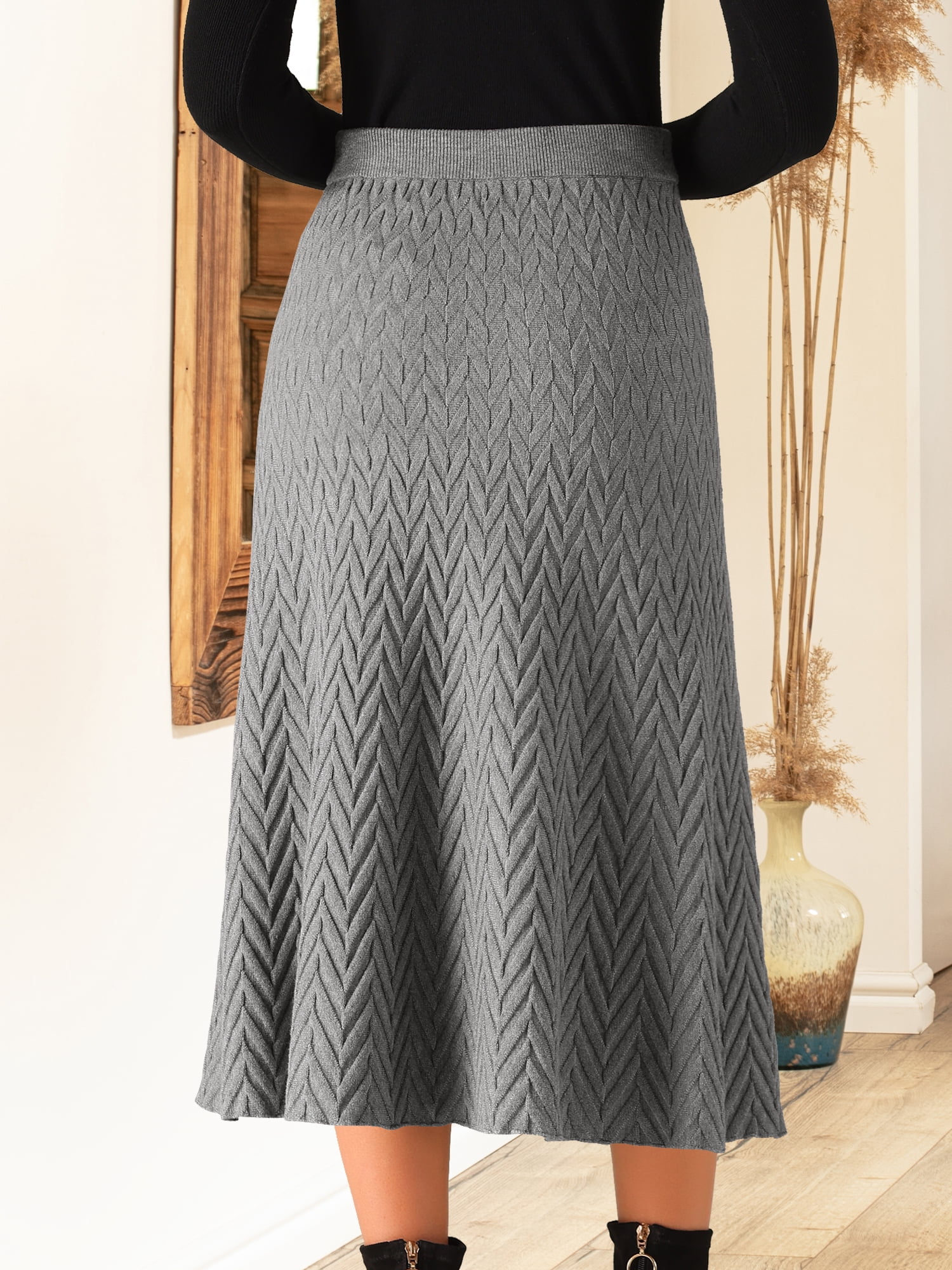 DARING DIVA Women's A-Line Skirts Stretchy Sweater Midi Skirt M Grey