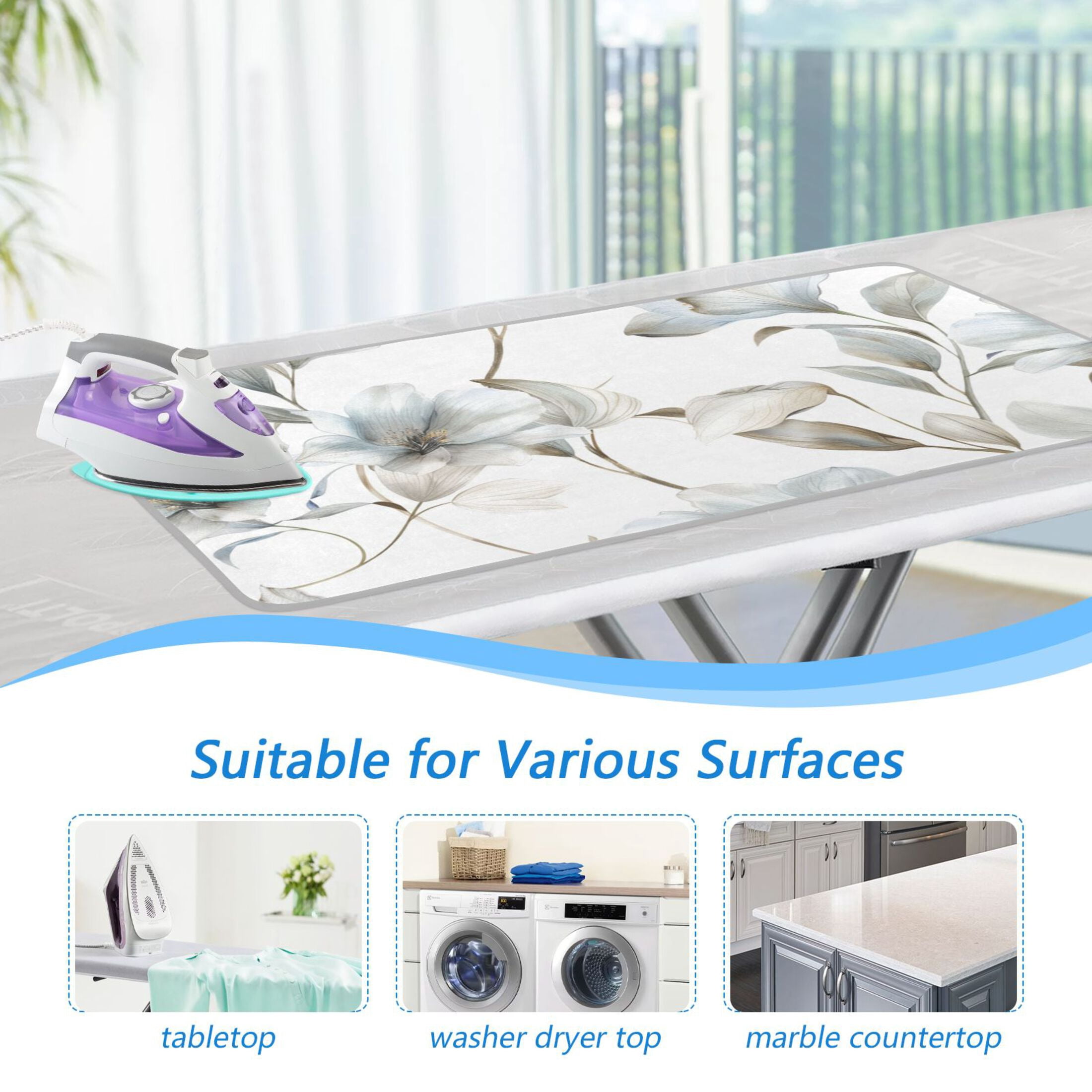 Light Blue-white Flower Ironing Mat Blanket Portable Travel Ironing Pad Heat Resistant Pad 47.2" x 27.6”