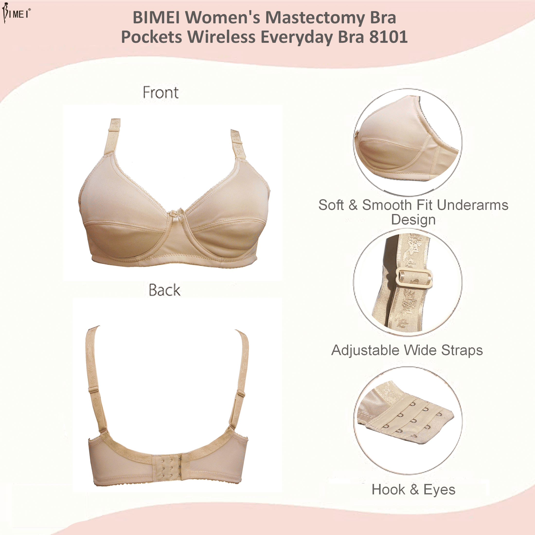 BIMEI Women's Mastectomy Bra with Pockets for Breast Prosthesis Wire Free  Pocketed Everyday Bra for Everyday Bra 0138,Beige,36C