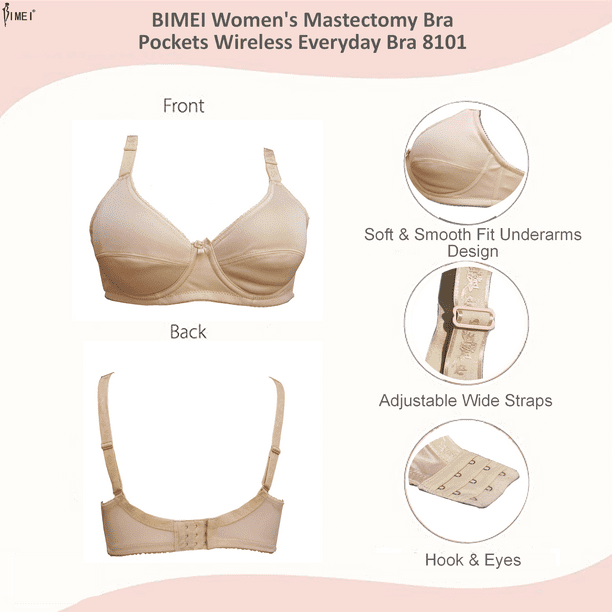 Silicone Breast Prosthesis Mastectomy Cotton Bra with Pockets Wireless  Sports Bras Tank for Middle Elderly Women (Color : Beige, Size : 95/42ABC)