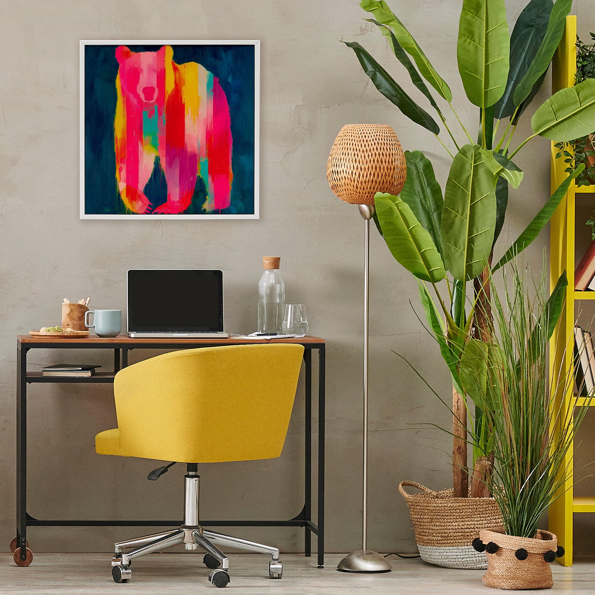 Stupell Industries Pink & Yellow Bear Standing Tall White Framed Giclee Art, design by Chromatic Storm Studio