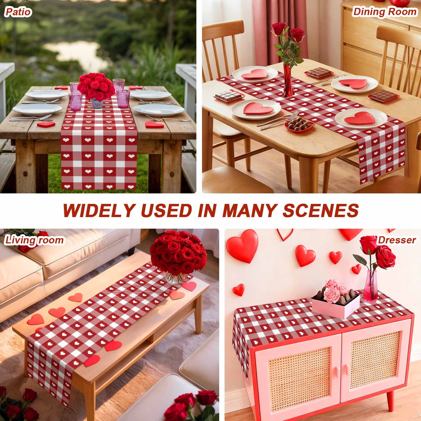 Valentine's Day Cotton Linen Table Runner Romantic Love Heart Red White Plaid Dining Table Runners for Home Decor Party Dining Room Restaurant Kitchen Party 13" x 90"