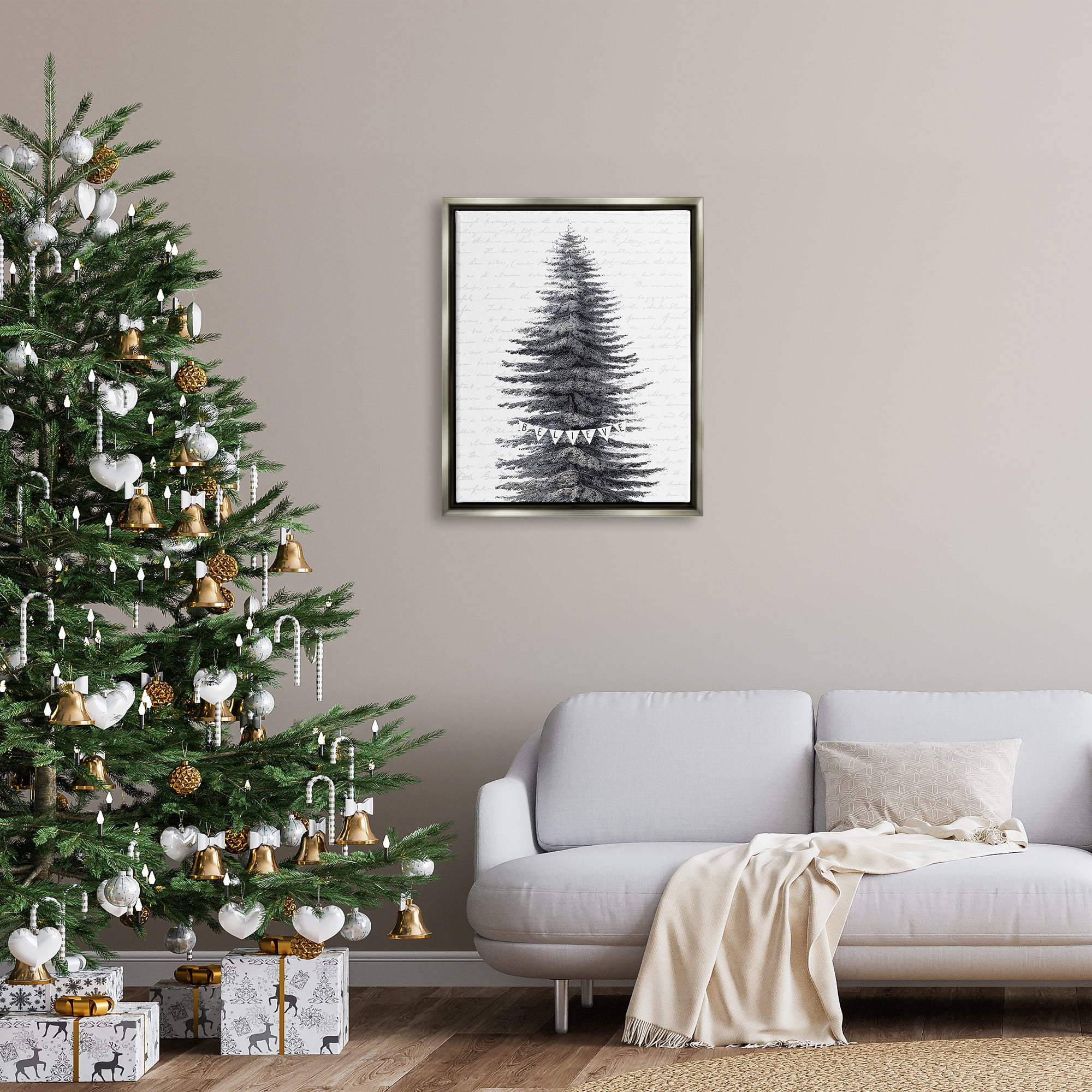 Stupell Industries Snow Covered Christmas Tree Believe Holiday Word Design Luster Gray Framed Floating Canvas Wall Art, 24x30, by Lettered and Lined
