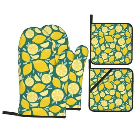 

Oven Mitts and Pot Holders 4 Piece cartoon Lemon leaves print High Heat Slip Resistant Oven Mitt and Trivets Set Kitchen Oven Glove Pot Holders for Cooking Baking Grilling