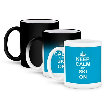 

3dRose Keep Calm and Ski on - Blue carry on skiing - hobby or professional Skiier gifts - fun funny humor 11oz Magic Transforming Mug