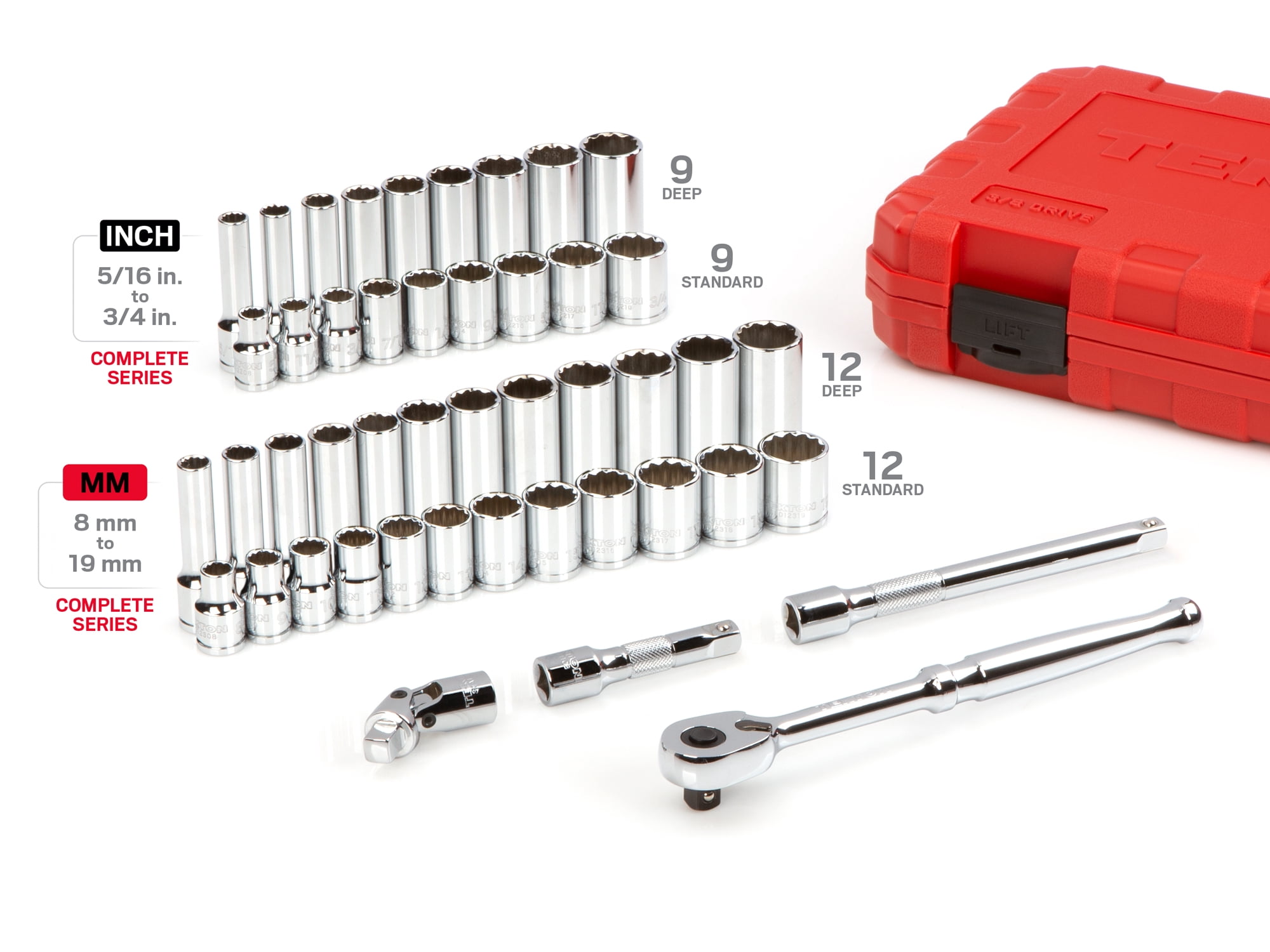 TEKTON 3/8 Inch Drive Shallow and Deep 12-Point Socket and Ratchet Set with Case, 46-Piece (5/16-3/4 in., 8-19 mm) | SKT15302
