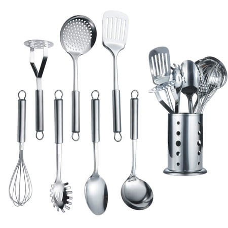 Cooking Utensil Set 8 Piece Stainless Steel Kitchen Tool Set with Stand Cooking Utensils Slotted Tuner Ladle Skimmer Serving Spoon Pasta Server Potato Maseher Egg Whisk. (8 Pieces)
