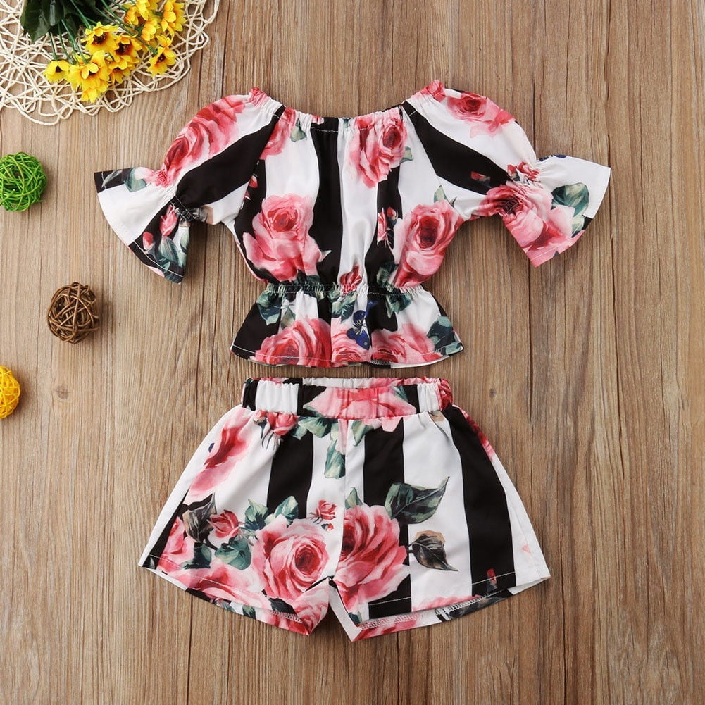 Boutique Toddler Kids Girls Stripe Floral Tunic Tops Shorts Outfits Set ...