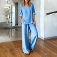 thumbnail image 3 of Lumtrix Women Linen Sets 2 Piece Summer Long Sleeve V Neck Shirts Matching Wide Leg Pants with Pockets Beach Outfits Blue 2XL, 3 of 4