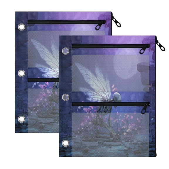 2 Pack 3-Ring Binder Pencil Pouch with Clear PVC Windows Winged Skullman Large Capacity Stationery Bag for Classroom Office Supplies