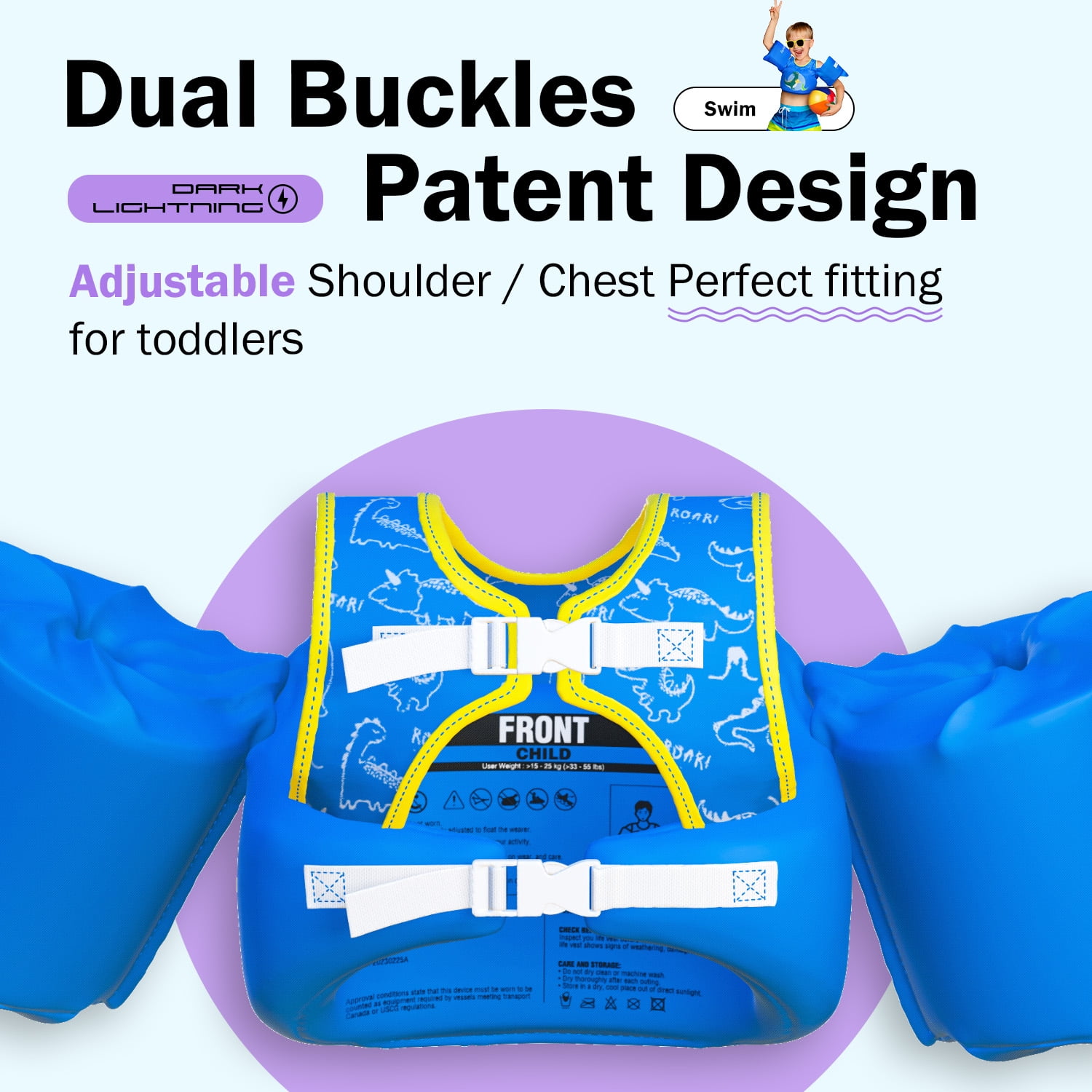 Dark Lightning Coast Guard Approved Life Jacket for Kids, Toddler Swim Vest with Arm Floats for Pool,Dinosaur