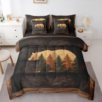 Homewish Brown Bear Print Bedding Comforter Set 7 Pieces, Rustic Farmhouse Full Bedding Set, Teens Kids Adult Men Reversible Fitted Sheet Flat Sheet, Microfiber Bedroom Decor