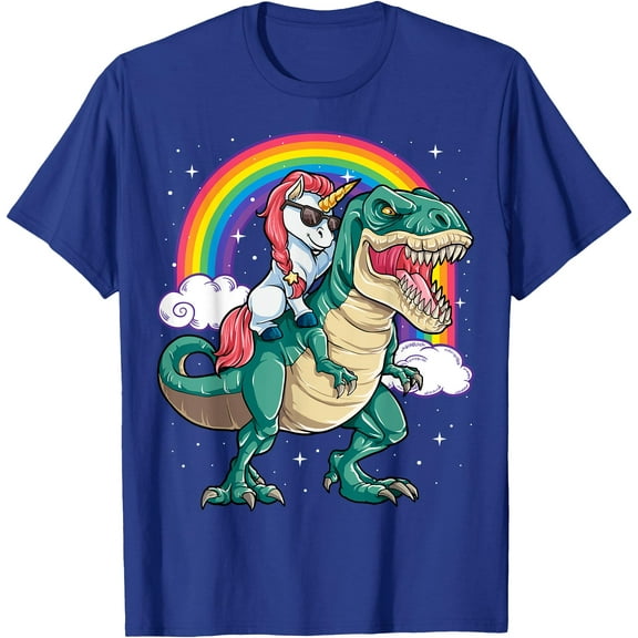 Unicorn Riding Tyrannosaurus Rex Dinosaur Rainbow Unisex T-Shirt for Men Women Kids Toddler