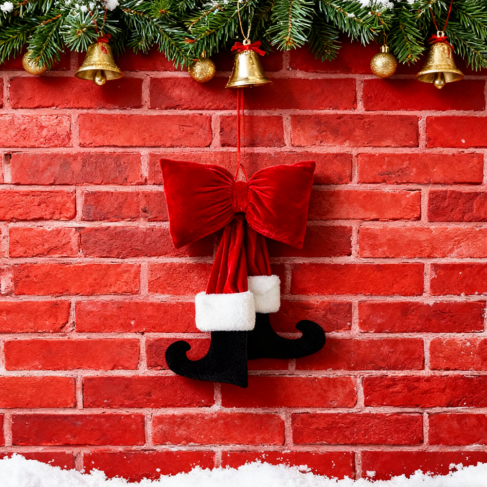 Yucurem Christmas Tree Red Velvet Bow with Santa Legs Hanging Ornaments, 3D Plush Stuffed Christmas Bowknot Pendant for Xmas Tree Garland DIY Craft Wrapping Wall Decor (19.69 in)