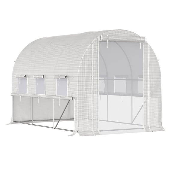 Walk-in Greenhouse 10'x7'x7', Outdoor Plant Tunnel with PE Cover, Zipper Doors & Mesh Windows, White