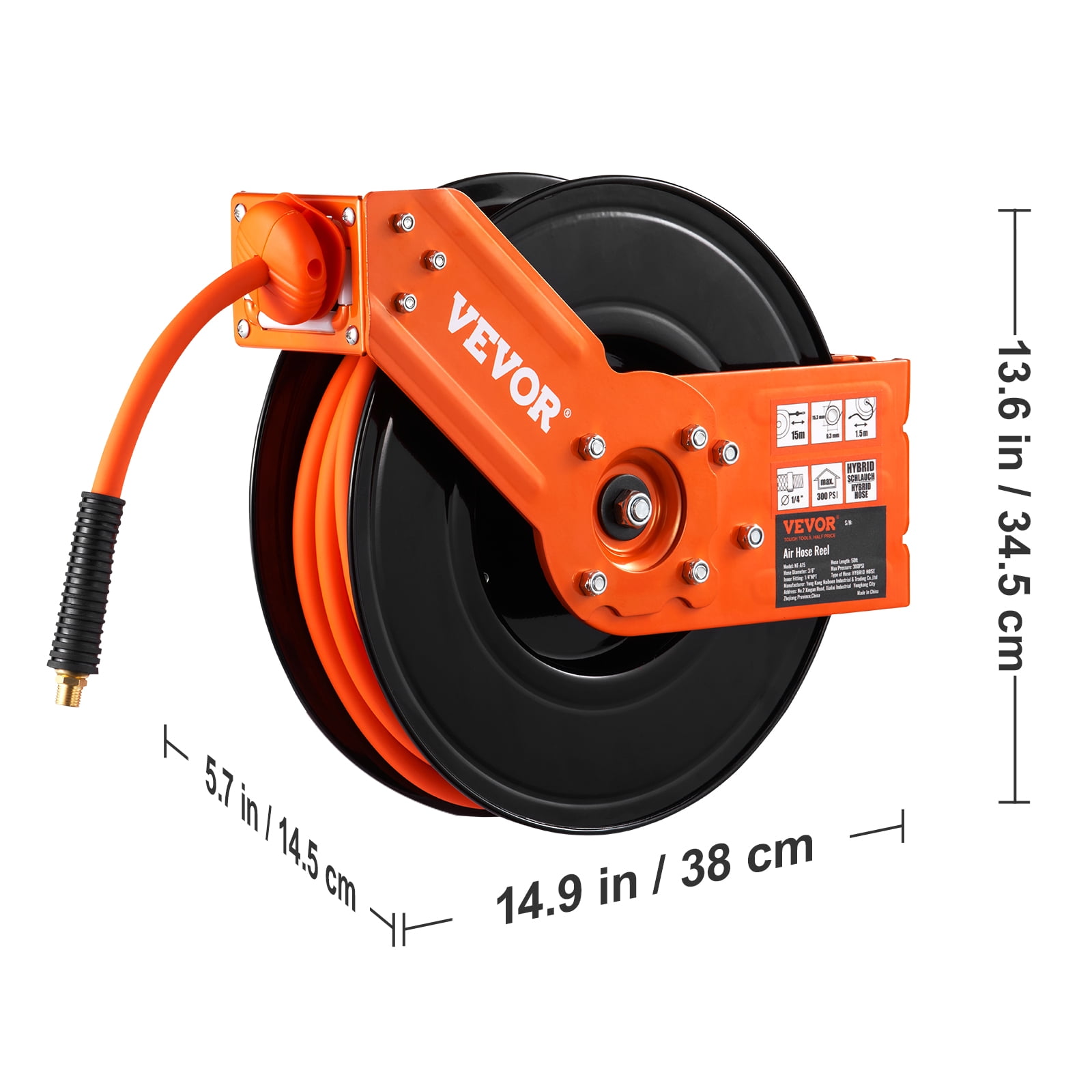 VEVOR Retractable Air Hose Reel, 3/8 IN x 50 FT Hybrid Air Hose Max 300PSI, Air Compressor Hose Reel with 5 In Lead in, Ceiling / Wall Mount Heavy Duty Single Arm Steel Reel