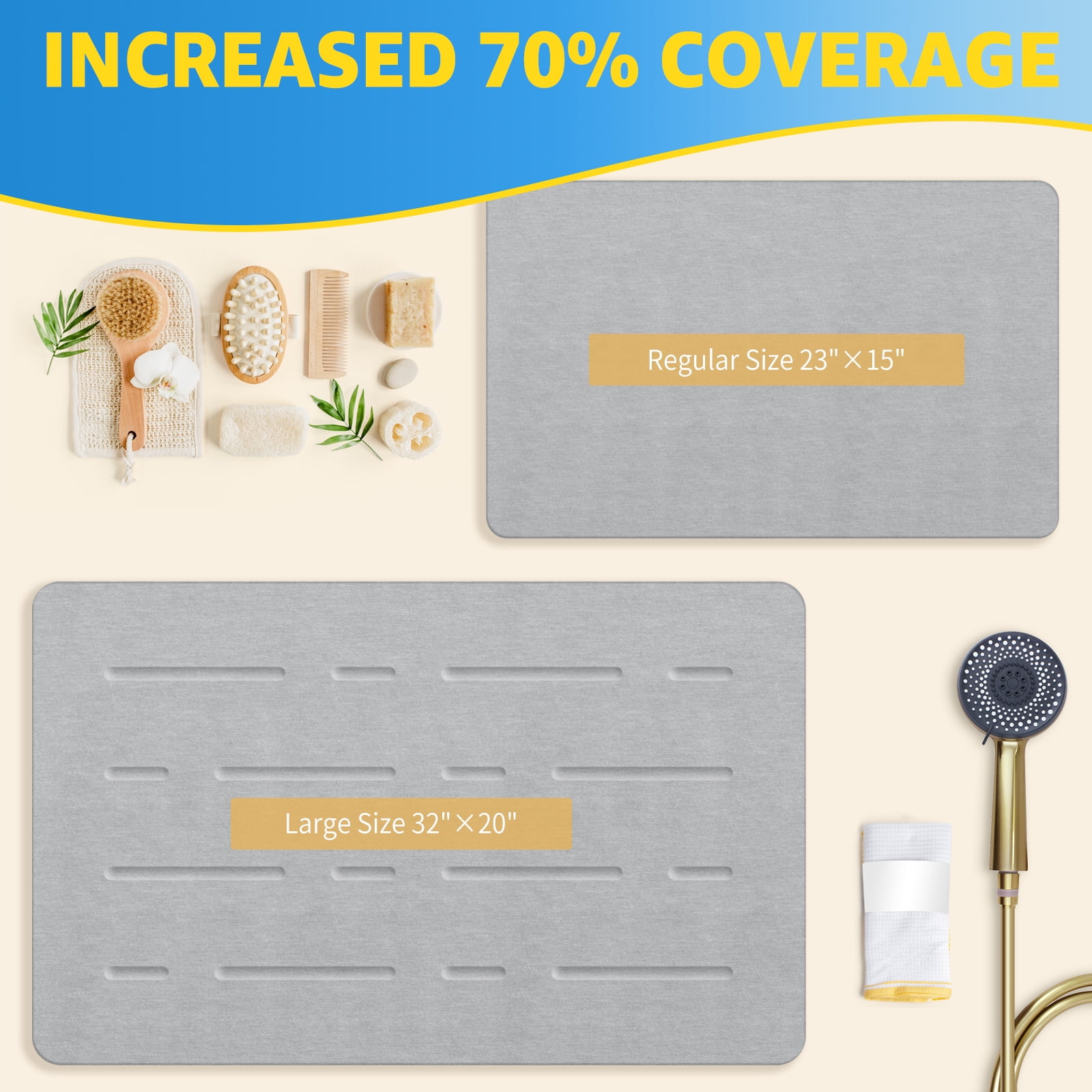 OTHWAY Large Stone Bath Mat, 32"x 20" Diatomaceous Earth Bath Mat for Bathroom, Quick Drying Long Bath Mat Stone Absorbing, Non-Slip Diatomite Hard Stone Shower Mat Instant Dry(Light Grey)