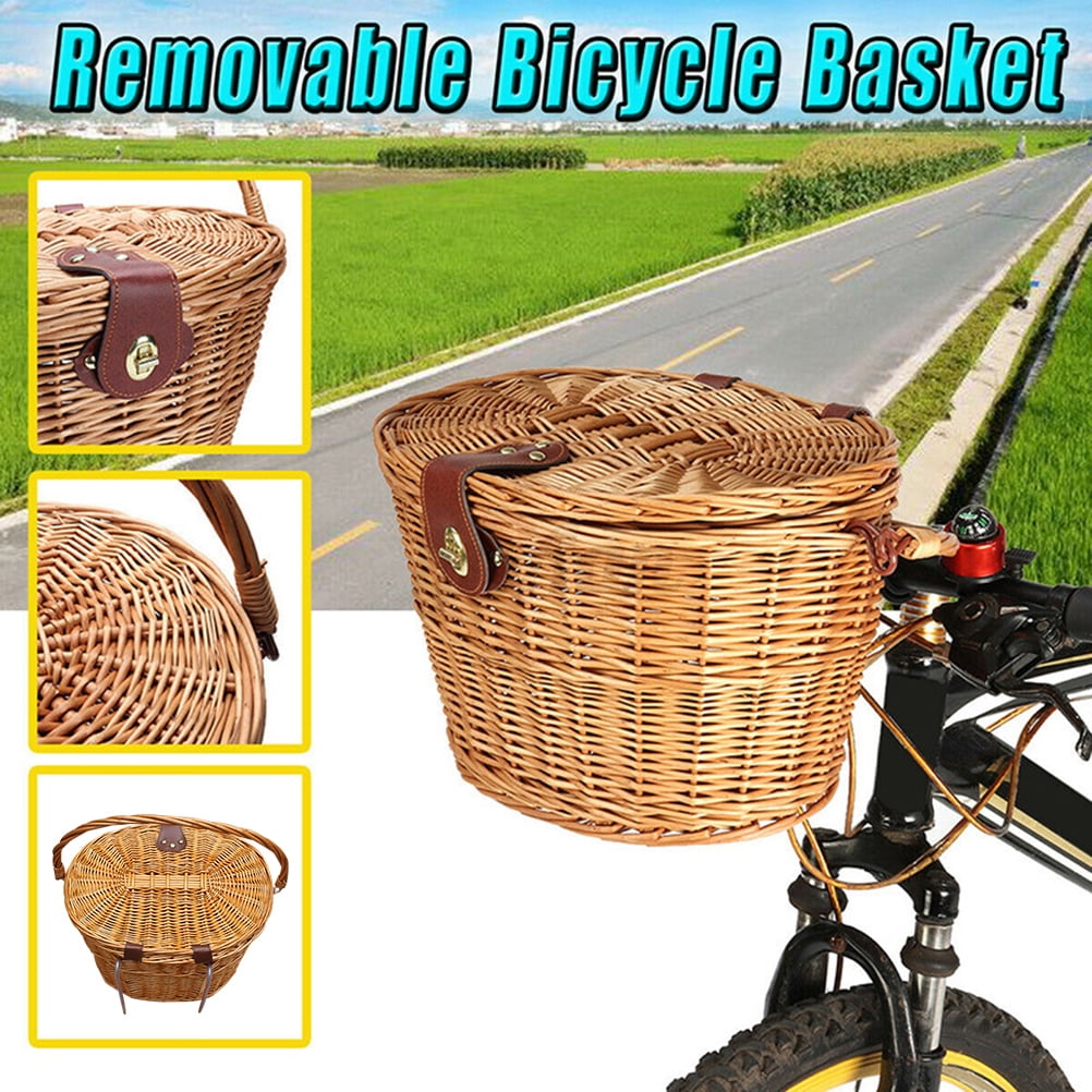 CNMF Bicycle Front Basket Wicker with Folding Lid Metal Lock Road Bike Basket Handmade Natural Rattan Bike Storage Basket
